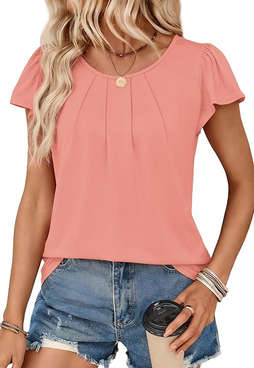 OFEEFAN Pleated Scoop‑Neck Top (Short Sleeve)